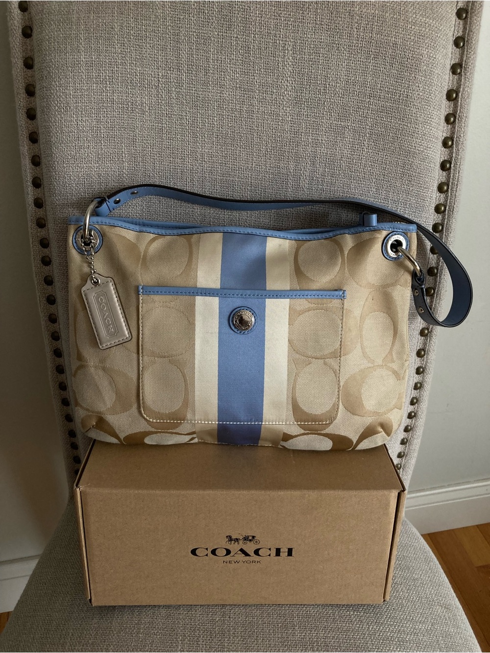 Coach Beige Canvas Shoulder Bag with Light Blue and White Stripe